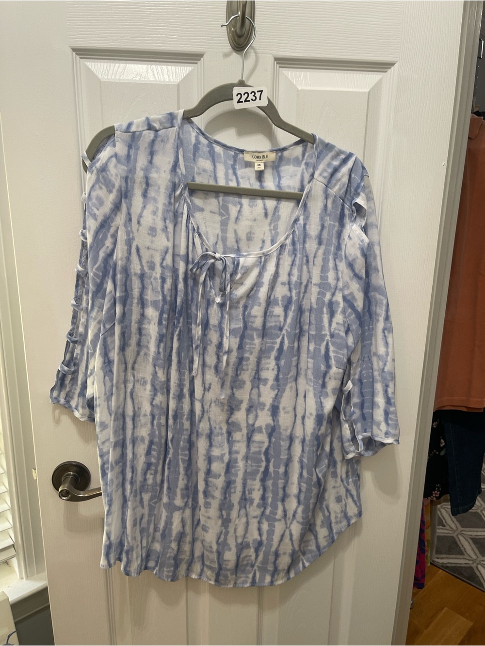 Cato Blue and White Tie-Dye Peasant Blouse with Front Tie - Picture 5 of 13